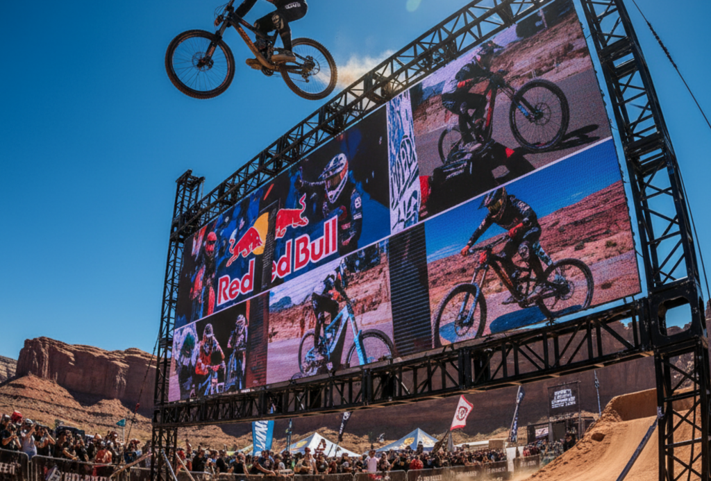 Large outdoor LED screen at a mountain bike event showing multiple rider camera angles, with a rider mid-jump above it