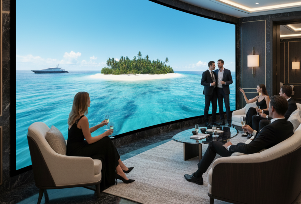 Curved LED video wall showing a tropical island scene in a luxury lounge, with seated guests in evening wear