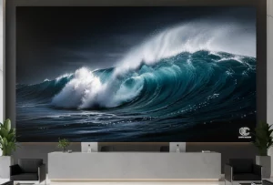 Architectural visualisation of a large LED wall showing a breaking ocean wave above a stone reception desk in a marble lobby with armchairs and planters