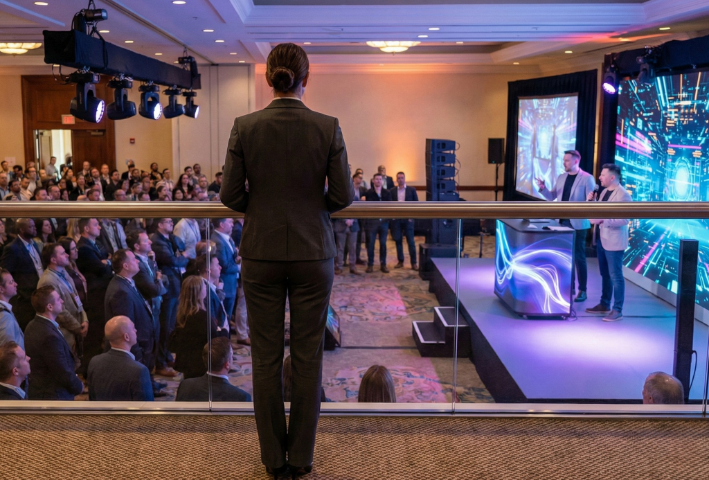 Corporate ballroom presentation with an LED-skinned lectern, stage screens and a standing audience