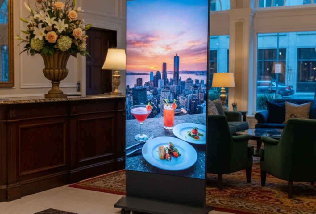 Freestanding LED totem display in a hotel lobby showing food and cocktail imagery