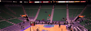Arena bowl with LED ribbon board displays at the Delta Center, Utah Jazz