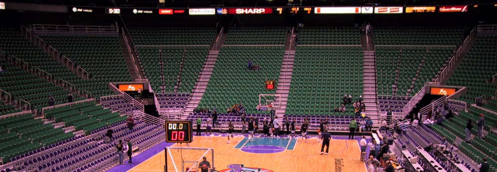 Arena bowl with LED ribbon board displays at the Delta Center, Utah Jazz