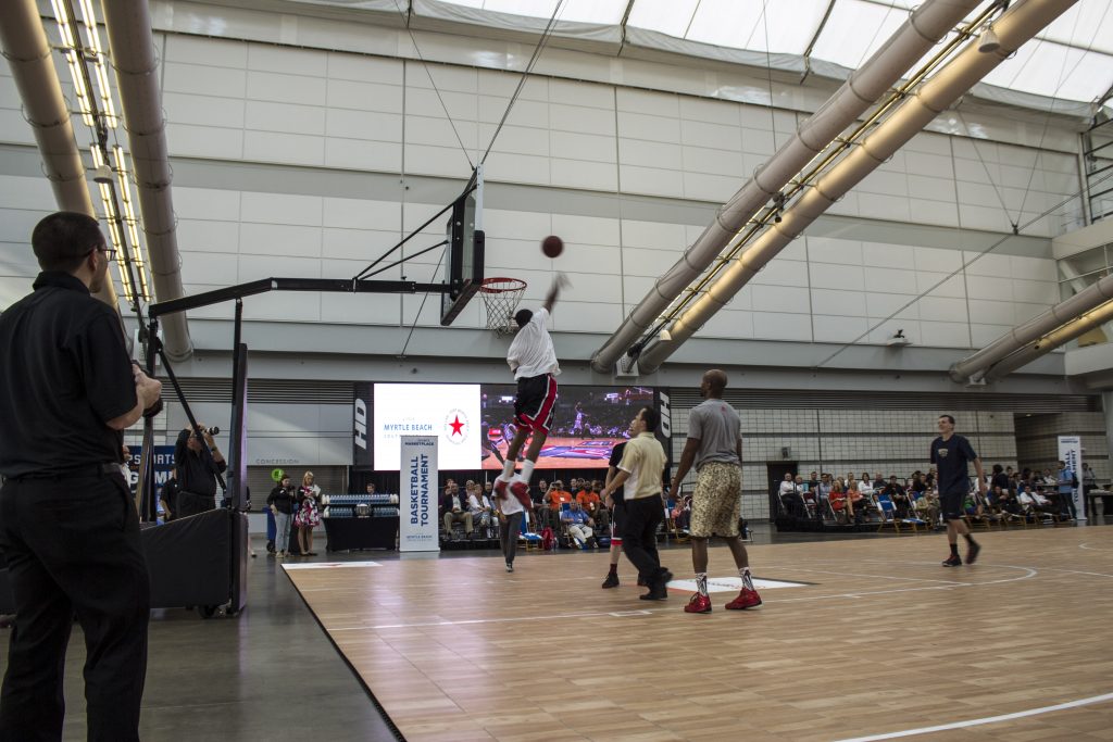 Large LED video screen in action at a convention center basketball event, David L. Lawrence Convention Center