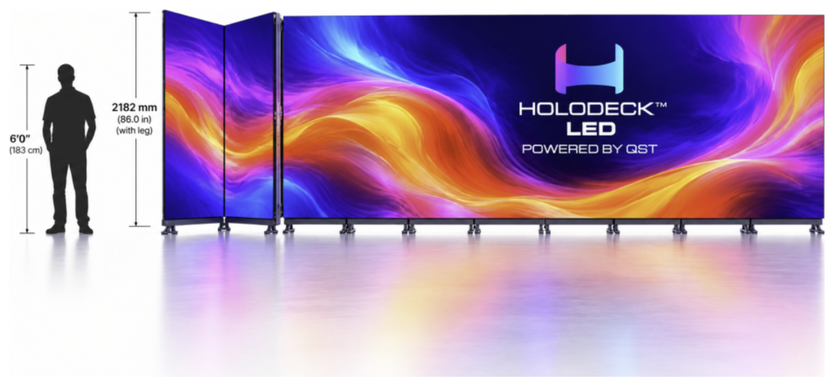 Rendering of ten HoloPoster 1.8 Fold LED panels: eight side by side forming a flat wall, with a two-panel section folded back at an angle at the left-hand end. A 6 ft 0 in (183 cm) human silhouette at left gives scale; a dimension callout reads 2182 mm (86.0 in) with leg.