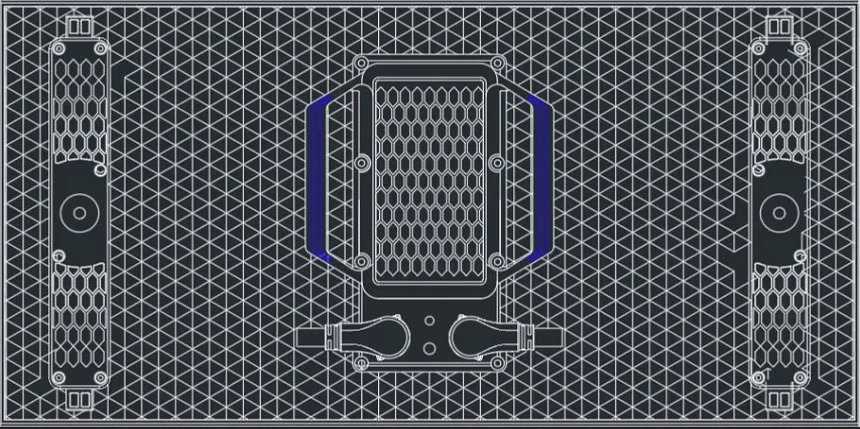 Mechanical drawing of the HoloVision Billboard 2 by 1 ft cabinet, rear view, with handles, power box and connectors