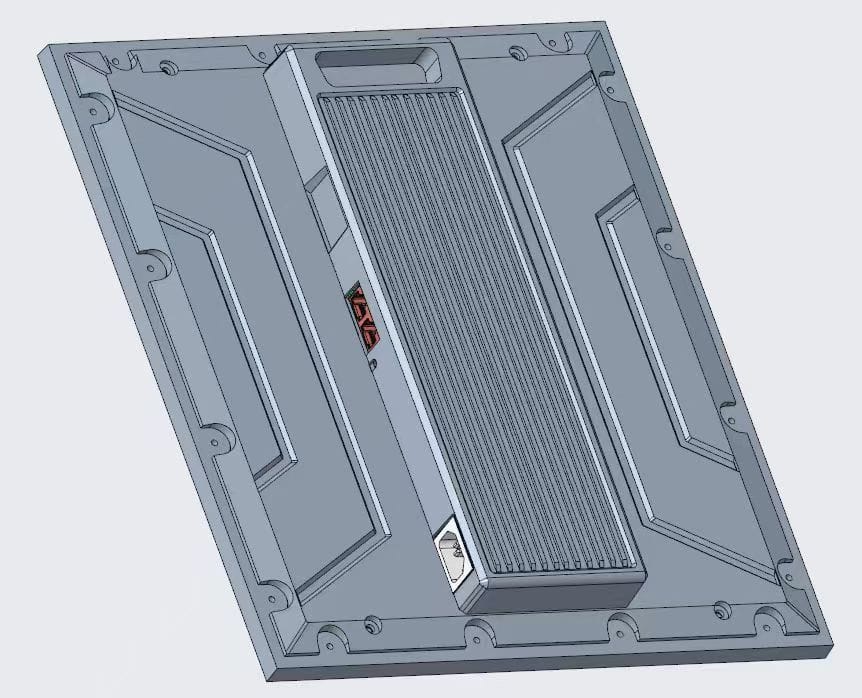 CAD three-quarter view of the same module, showing the rear housing, heat sink fins and power inlet