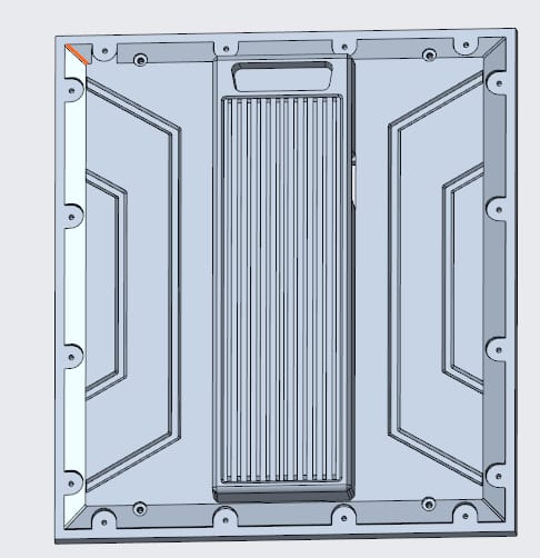 CAD rear view of a self-contained LED module with a 2-in-1 power supply and receiver card