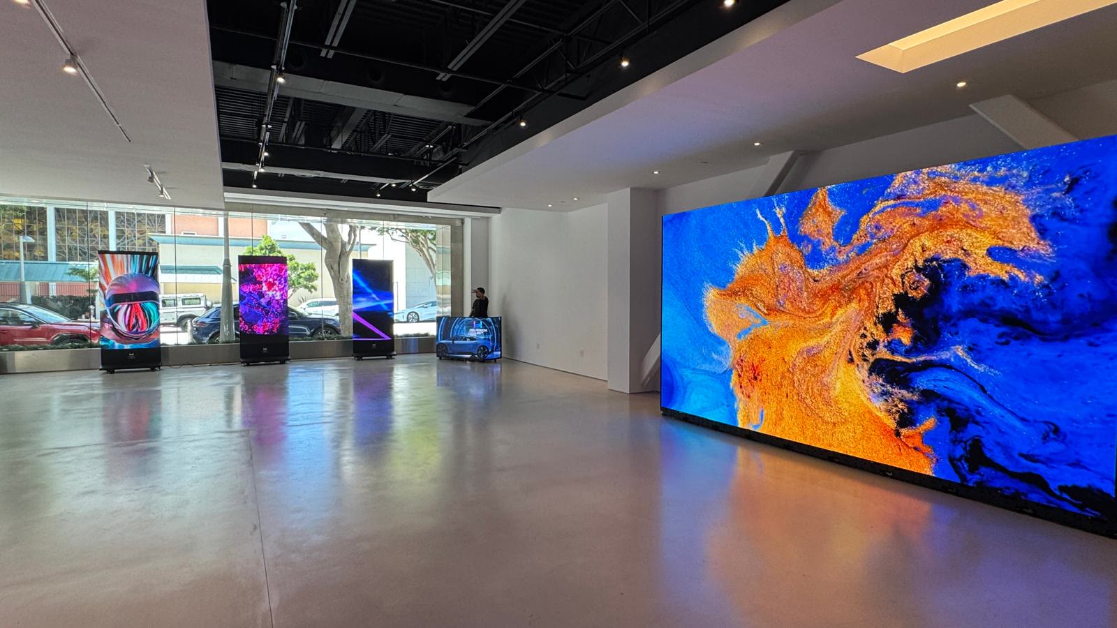 HOLODECK LED showroom in Venice, California, with a HoloDeck 1.9-H cinematic VP wall and HoloTotem LED posters along the street windows