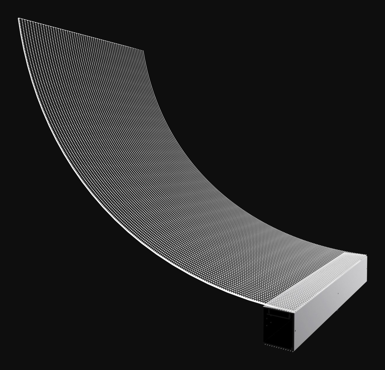 A HoloFilm module bent into a deep curve, held only by its driver profile at one end