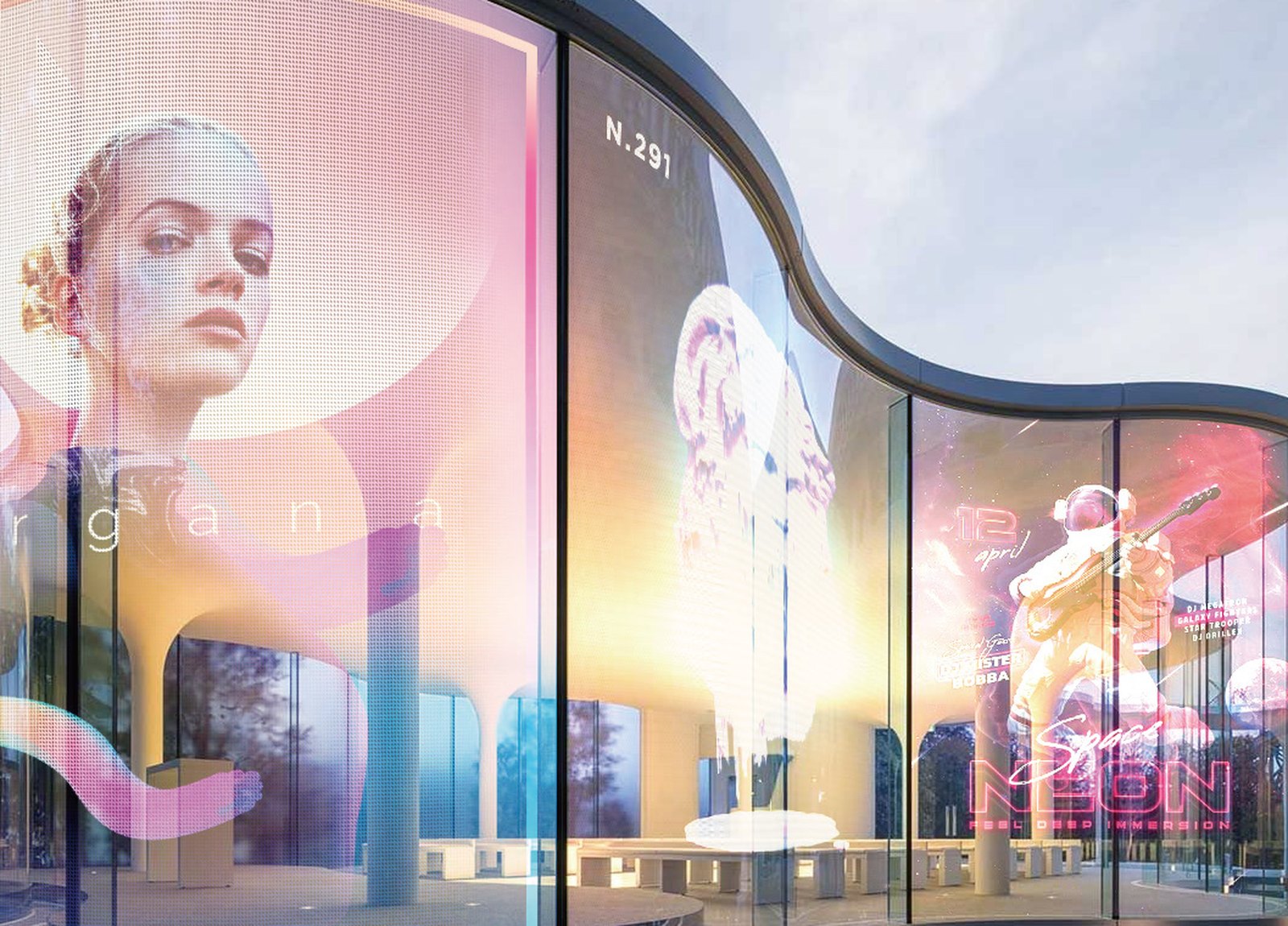HoloFilm transparent LED film applied to a curved glass storefront, showing content through the glass while the interior stays visible