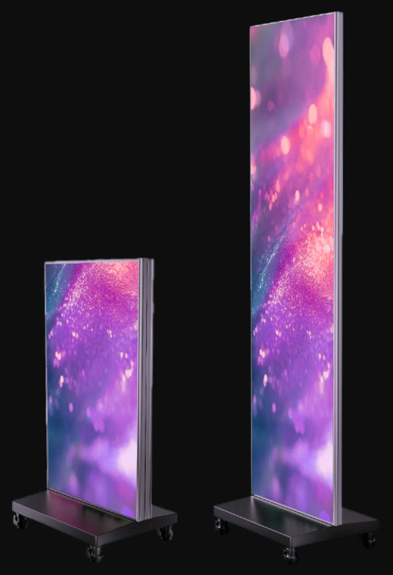 Two HoloPoster freestanding LED posters on wheeled bases, one at full 83-inch height and one folded down
