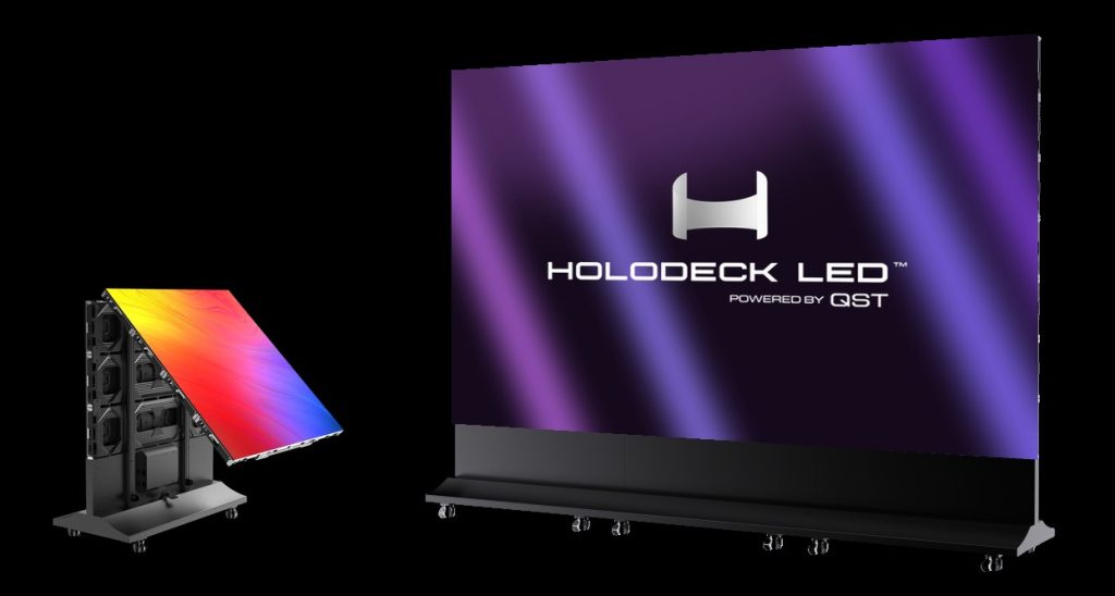 HoloTotem FOLD LED display, folded unit beside deployed 3-meter wall