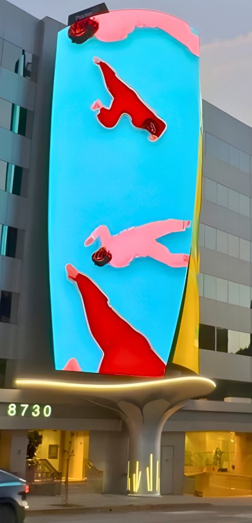 Sunset Sail LED display at dusk, portrait crop of the rendering with red figures on a blue screen
