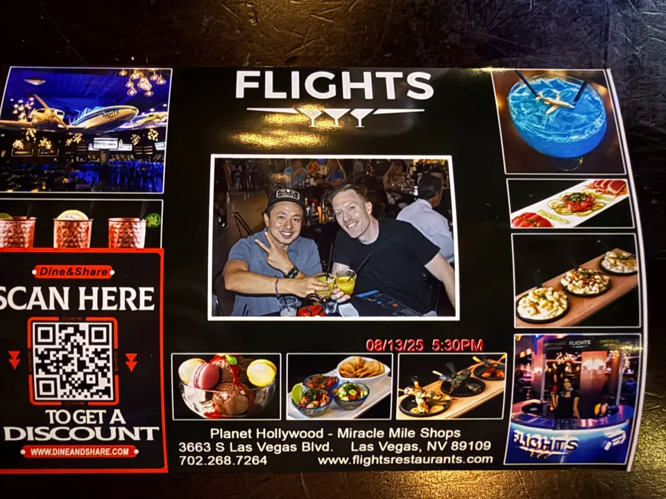 Flights promotional display with a photo of two men