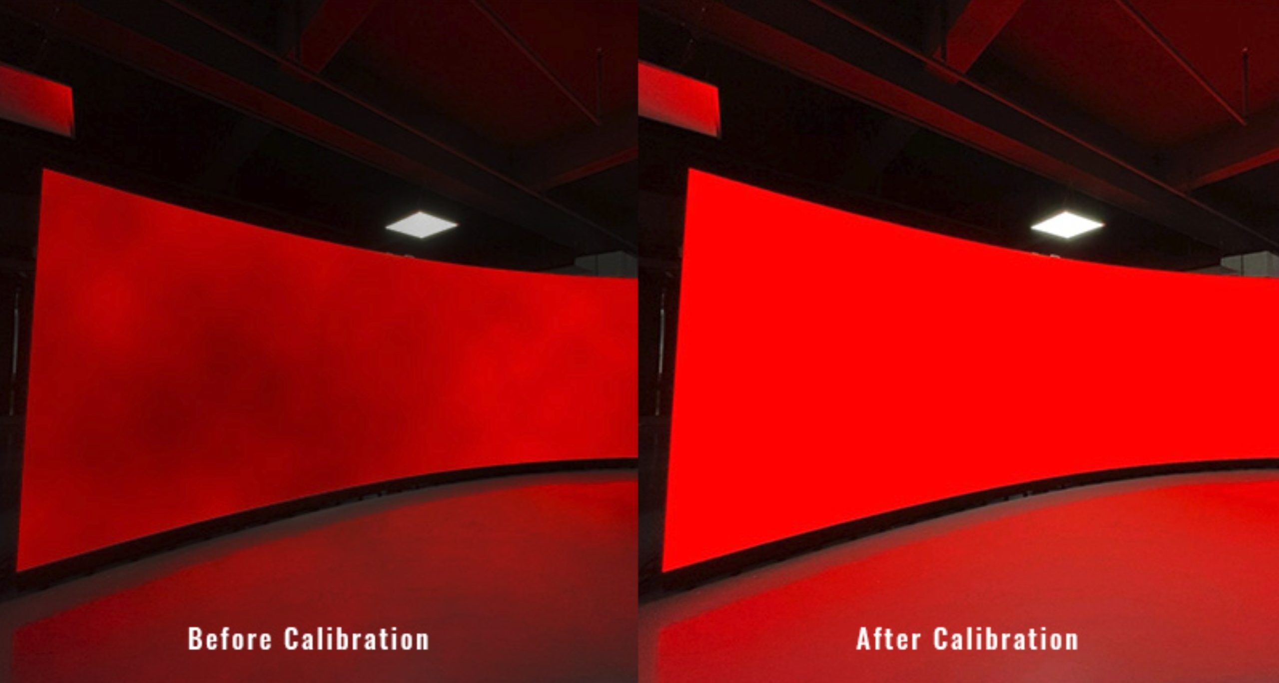 LED display wall before calibration, uneven brightness (left), and after calibration, uniform brightness (right)