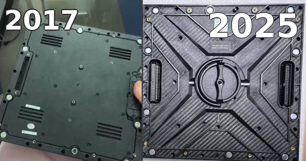 Back of the client's original 2017 RocketSign module (left) beside the back of the new 2025 Re-mod module (right)