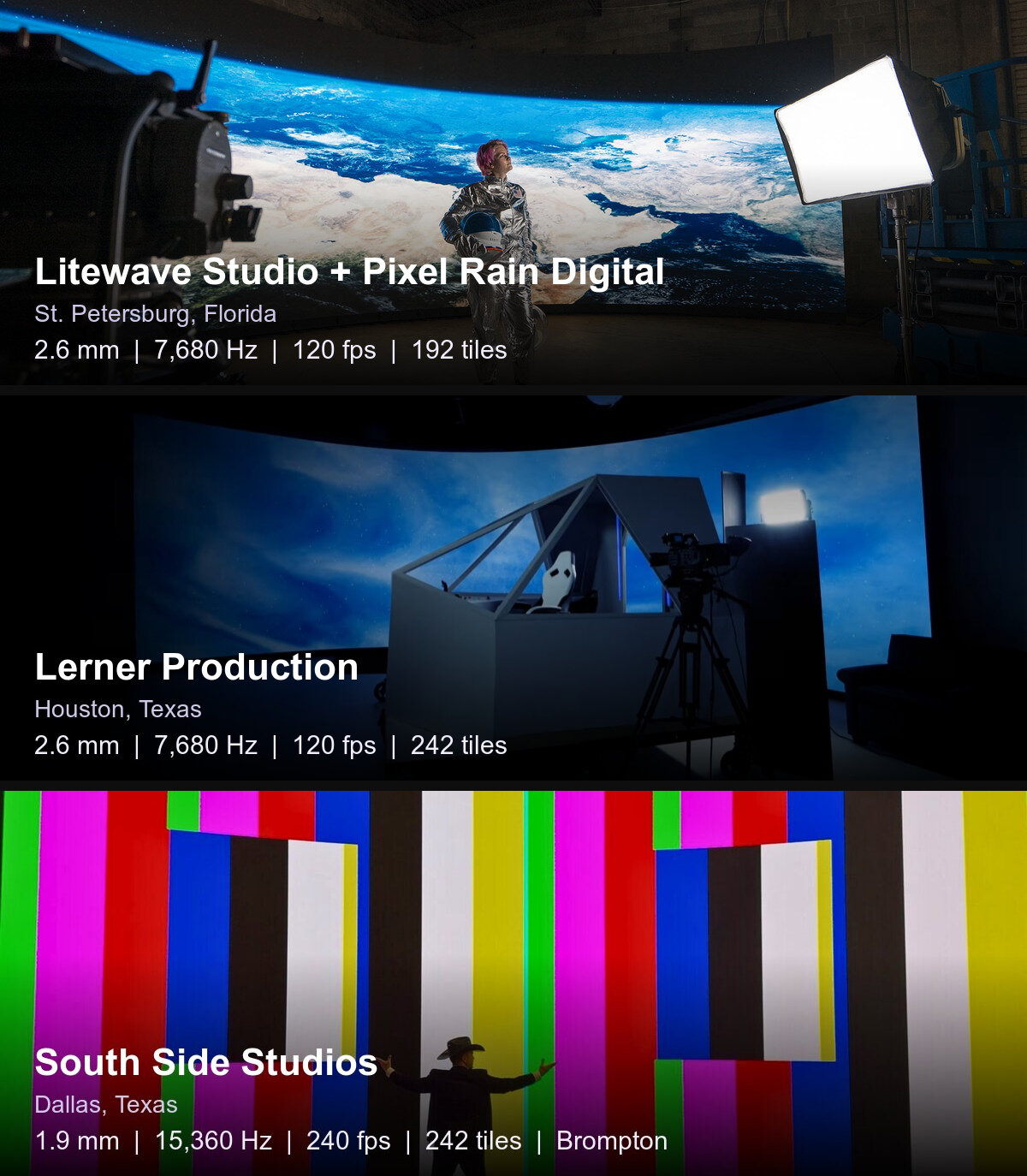 Litewave Studio + Pixel Rain Digital, St. Petersburg, Florida: 2.6 mm, 7,680 Hz, 120 fps, 192 tiles. Lerner Production, Houston, Texas: 2.6 mm, 7,680 Hz, 120 fps, 242 tiles. South Side Studios, Dallas, Texas: 1.9 mm, 15,360 Hz, 240 fps, 242 tiles, Brompton.